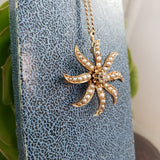 10k gold Victorian mine cut diamond & seed pearl starburst necklace pendant lavaliere pin