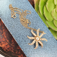 10k gold Victorian mine cut diamond & seed pearl starburst necklace pendant lavaliere pin