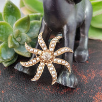 10k gold Victorian mine cut diamond & seed pearl starburst necklace pendant lavaliere pin