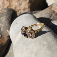 18ct gold blue sapphire & old cut diamond Edwardian crown Ring