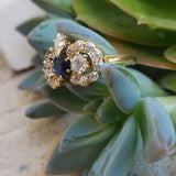 18ct gold blue sapphire & old cut diamond Edwardian crown Ring