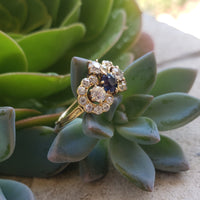 18ct gold blue sapphire & old cut diamond Edwardian crown Ring