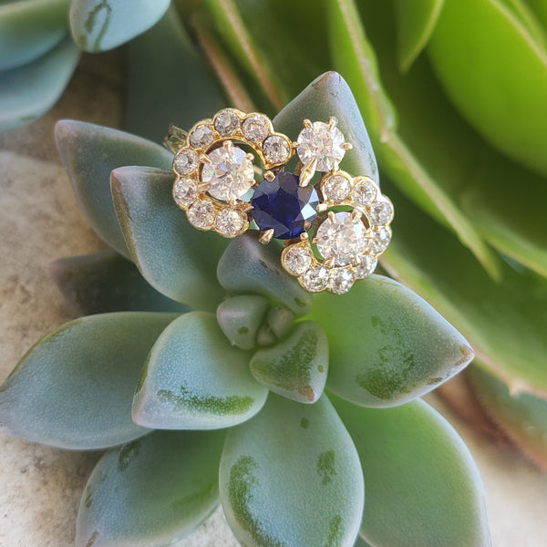 18ct gold blue sapphire & old cut diamond Edwardian crown Ring