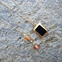 14k yellow gold estate onyx & carnelian reversible locket pendant necklace