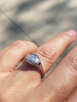 18k white gold Art Deco filigree diamond & sapphire ring
