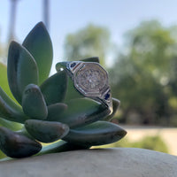 18k white gold Art Deco filigree diamond & sapphire ring