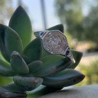 18k white gold Art Deco filigree diamond & sapphire ring