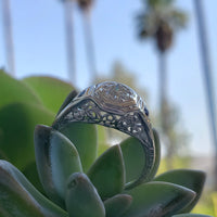 18k white gold Art Deco filigree diamond & sapphire ring