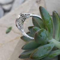 18k white gold Art Deco filigree diamond & sapphire ring