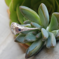 18k white gold Art Deco filigree diamond & sapphire ring