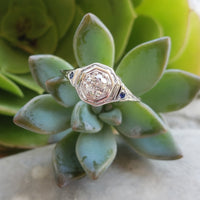 18k white gold Art Deco filigree diamond & sapphire ring