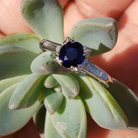 Platinum blue sapphire & baguette diamond estate ring