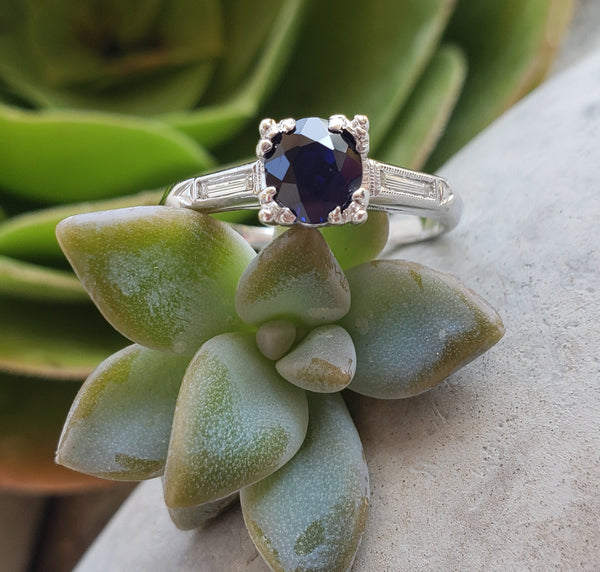 Platinum blue sapphire & baguette diamond estate ring