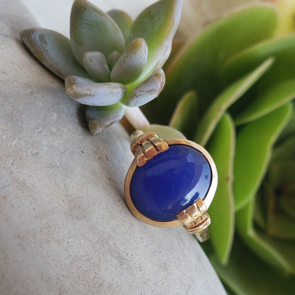 10k gold cabochon blue chalcedony Deco estate ring