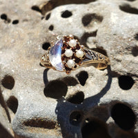 10k gold Victorian Moonstone & seed pearl crescent moon ring