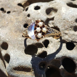 10k gold Victorian Moonstone & seed pearl crescent moon ring
