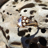 10k gold Victorian Moonstone & seed pearl crescent moon ring