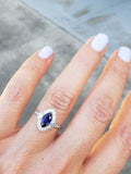 Platinum blue sapphire marquise & diamond estate c.20's -30's Deco halo ring