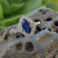 Platinum blue sapphire marquise & diamond estate c.20's -30's Deco halo ring