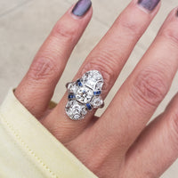 Platinum Diamond & Sapphire estate Art Deco c.1920's filigree glove shield Ring