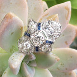 Platinum Diamond & Sapphire estate Art Deco c.1920's filigree glove shield Ring