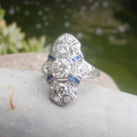 Platinum Diamond & Sapphire estate Art Deco c.1920's filigree glove shield Ring