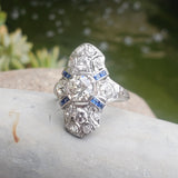 Platinum Diamond & Sapphire estate Art Deco c.1920's filigree glove shield Ring