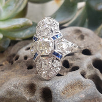 Platinum Diamond & Sapphire estate Art Deco c.1920's filigree glove shield Ring