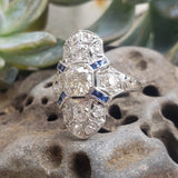 Platinum Diamond & Sapphire estate Art Deco c.1920's filigree glove shield Ring