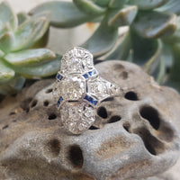 Platinum Diamond & Sapphire estate Art Deco c.1920's filigree glove shield Ring