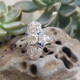 Platinum Diamond & Sapphire estate Art Deco c.1920's filigree glove shield Ring
