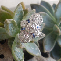 Platinum Diamond & Sapphire estate Art Deco c.1920's filigree glove shield Ring