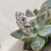 Platinum Diamond & Sapphire estate Art Deco c.1920's filigree glove shield Ring