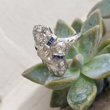 Platinum Diamond & Sapphire estate Art Deco c.1920's filigree glove shield Ring