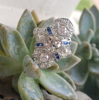 Platinum Diamond & Sapphire estate Art Deco c.1920's filigree glove shield Ring