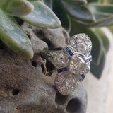 Platinum Diamond & Sapphire estate Art Deco c.1920's filigree glove shield Ring
