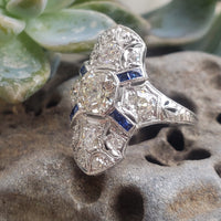 Platinum Diamond & Sapphire estate Art Deco c.1920's filigree glove shield Ring