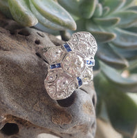 Platinum Diamond & Sapphire estate Art Deco c.1920's filigree glove shield Ring