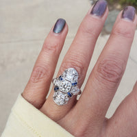 Platinum Diamond & Sapphire estate Art Deco c.1920's filigree glove shield Ring