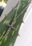 14k gold two tone sapphire floral filigree c.20's CROSS pendant necklace