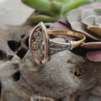 18k gold two diamond Edwardian flower floral glove shield navette ring