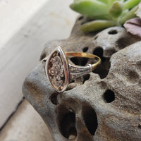 18k gold two diamond Edwardian flower floral glove shield navette ring