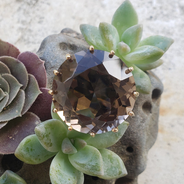 14k gold smokey quartz HUGE vintage cocktail ring