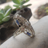 18k gold  Diamond & Sapphire estate Art Deco c.1920's filigree glove shield Ring