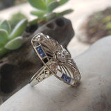 18k gold  Diamond & Sapphire estate Art Deco c.1920's filigree glove shield Ring