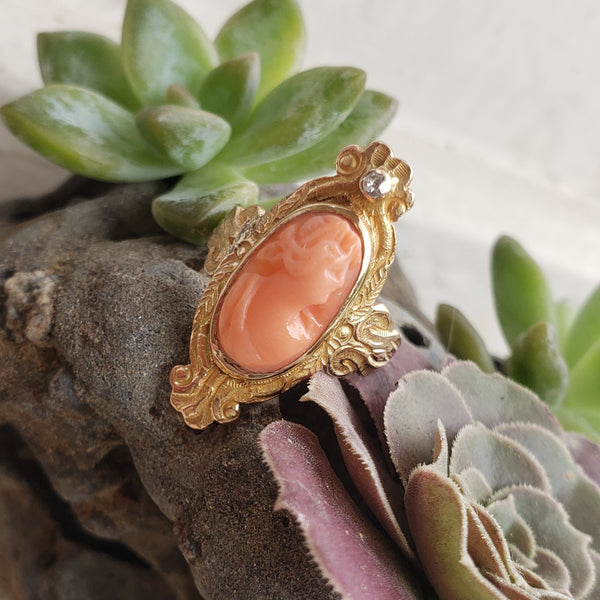 10k gold Victorian carved coral cameo & diamond estate ring