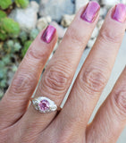 platinum & 14k gold two tone pink sapphire & diamond estate Deco Ring