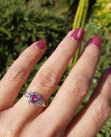 platinum & 14k gold two tone pink sapphire & diamond estate Deco Ring