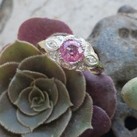 platinum & 14k gold two tone pink sapphire & diamond estate Deco Ring