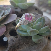 platinum & 14k gold two tone pink sapphire & diamond estate Deco Ring